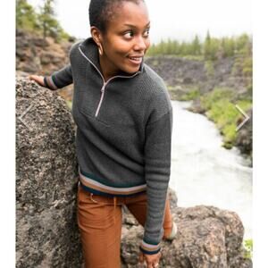 Title Nine Woolicious Waffle 1/4 Zip Sweater -Grey Stripe Size L